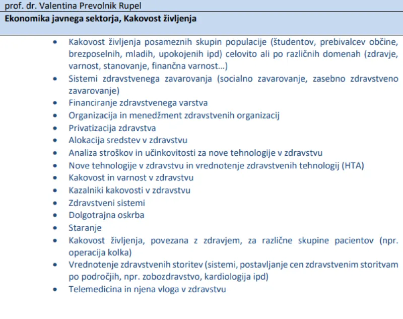 Pod imenom ministrice je navedenih 16 tem za magistrske naloge v šolskem letu 2024/25. Foto: Posnetek zaslona fakulteta.doba.si