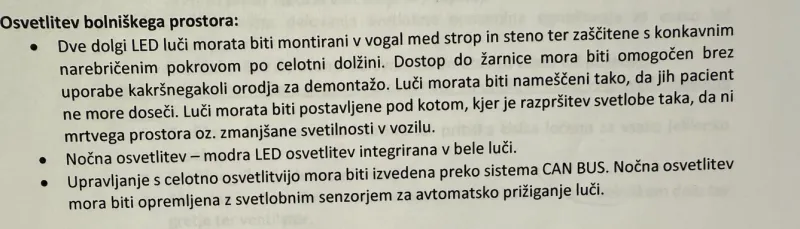 Izsek zahtev glede osvetlitve bolniškega prostora iz razpisa ZD Logatec, ki je bil objavljen 13. junija 2024. 