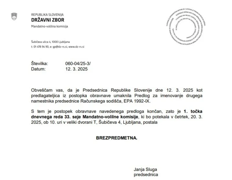 Predsednica republike je svoj že vloženi kadrovski predlog za imenovanje iz parlamentarne procedure umaknila. Foto: Uredništvo