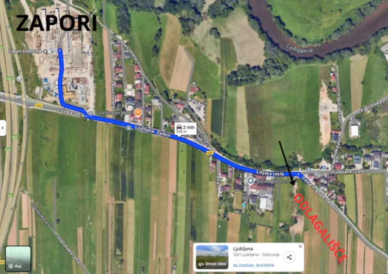 Okvirna razdalja med lokacijo zapora Dobrunje in odlagališčem je 800 metrov. Foto: Posnetek zaslona Google maps.