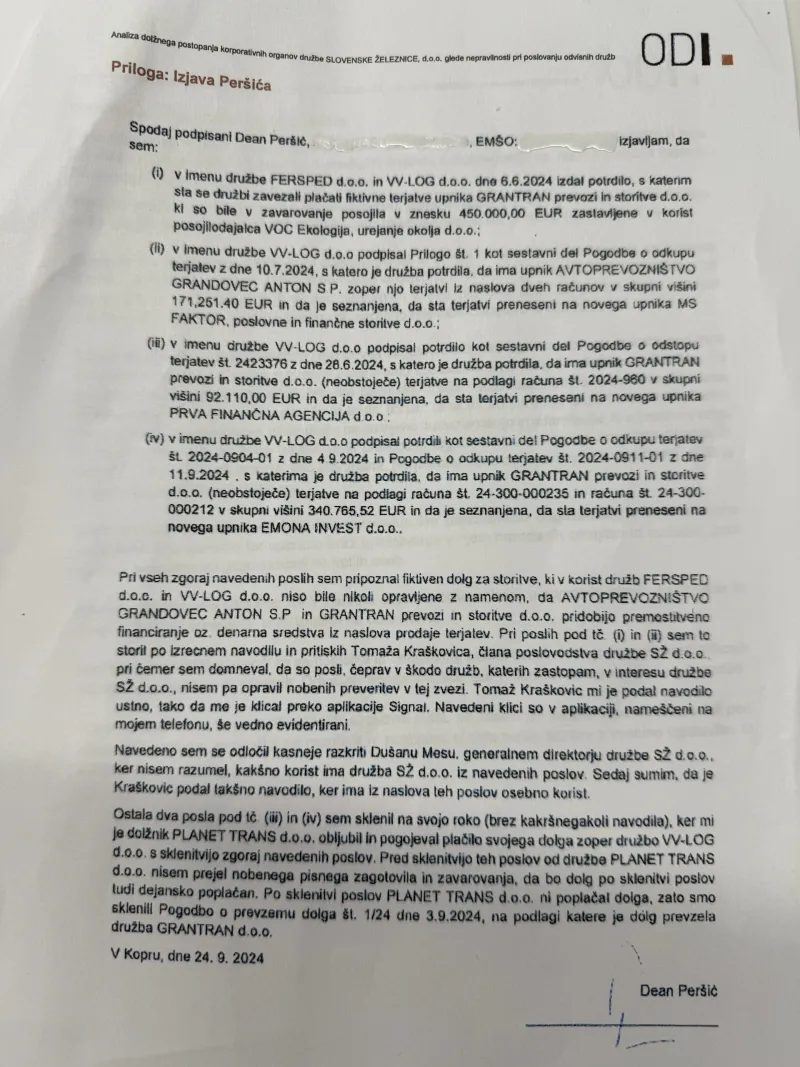 Izjava, v kateri Dean Peršić priznava, da je pripoznal fiktiven dolg za storitve, ki v korist družb Fersped in VV-Log niso bile nikoli opravljene. 