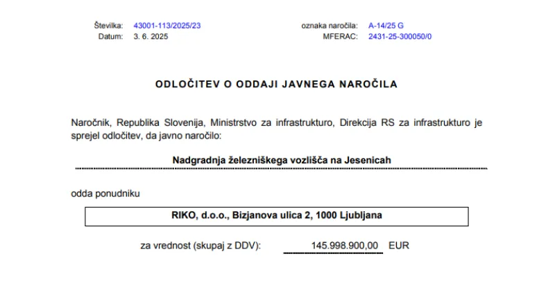 Drsi kot edino ponudbo za gradnjo projekta nadgradnje železniškega vozlišča Jesenice izbral podjetje Riko. Foto: Posnetek zaslona. 