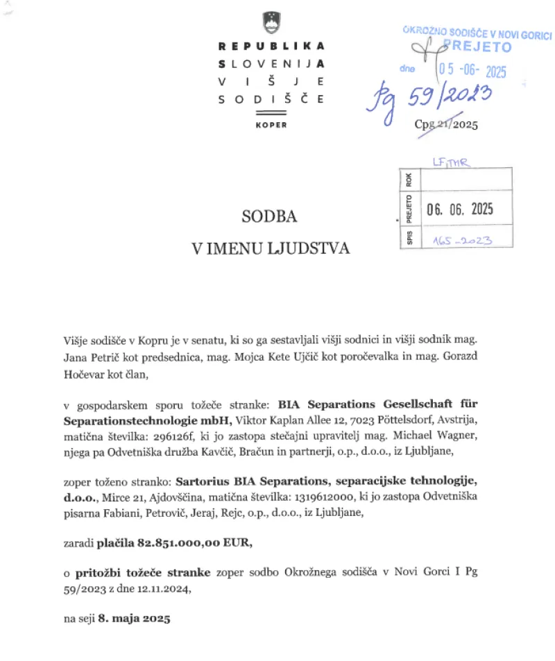 Pravnomočna sodba Višjega sodišča v Kopru. 