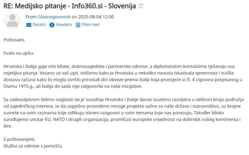 Odgovor hrvaškega zunanjega ministrstva v zvezi z odškodninami italijanskim izgnancem. Foto: posnetek zaslona.