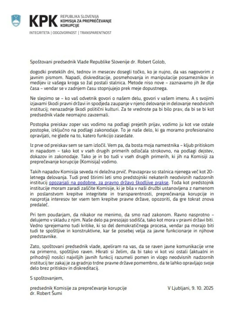 Javno pismo predsednika KPK predsedniku vlade. 