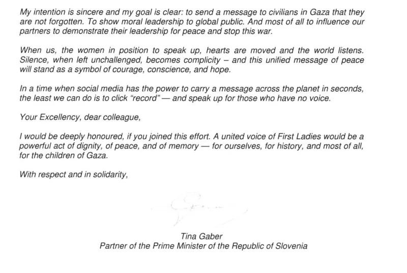 Izsek iz pisma Tine Gaber Golob prvim damam. Foto: posnetek zaslona