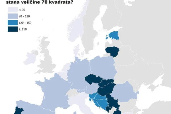 Posnetek zaslona karte, ki prikazuje, koliko mesečnih neto plač je potrebno v posamezni državi za nakup 70 kvadratnih metrov stanovanja. 