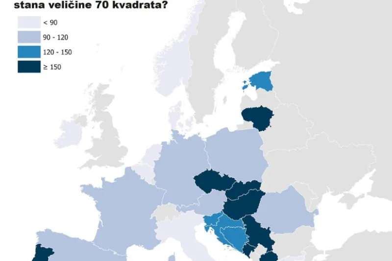 Posnetek zaslona karte, ki prikazuje, koliko mesečnih neto plač je potrebno v posamezni državi za nakup 70 kvadratnih metrov stanovanja. 