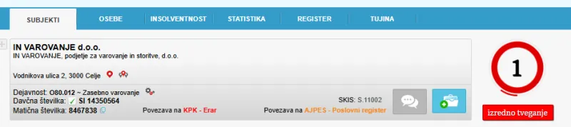 Podatki o podjetju In varovanje. Foto: posnetek zaslona