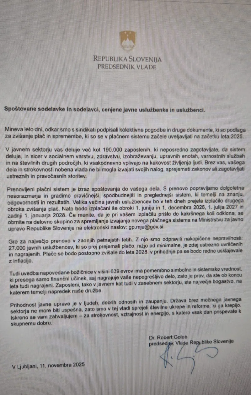 Predsednik vlade nagovarja 190 tisoč javnih uslužbencev in njihovih družin. Pismo ni mogoče drugače razumeti kot opomin, kdo jim je priskrbel višje plače in božičnico. 