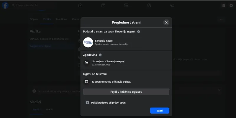 Profil ne razkriva, da za njim stoji politična stranka. Foto: posnetek zaslona