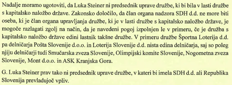 Izsek iz pravnega mnenja odvetni&scaron;ke družbe Čeferin o izpolnjevanju pogojev Luka Steinerja za člana nadzornega sveta SDH.