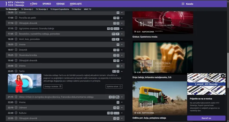Spored &scaron;e vedno prikazuje predvajanje oddaje. Foto: posnetek zaslona