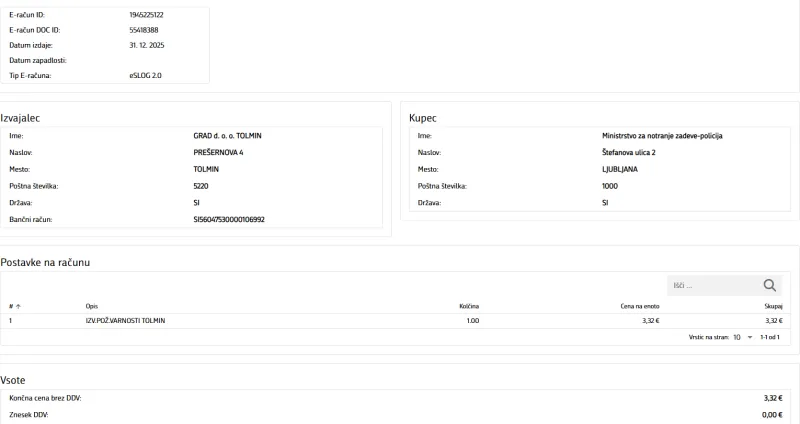 Račun posnetek MNZ, podjetje Grad