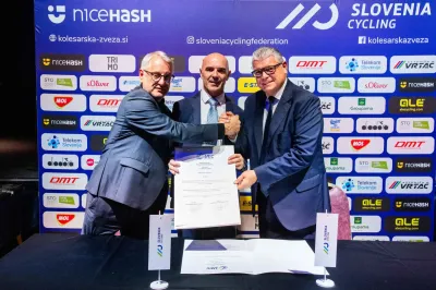 Matjaz Han, Slovenian minister of sport, Pavel Mardzonovic, KZS president and Enrico Della Casa, UEC president during event named Vecer zvezd 2025 organised by KZS - Slovenian Cycling Federation when announced Best Slovenian cyclists of the year 2025, on November 17, 2025 in Festivalna dvorana, Ljubljana, Slovenia. Photo by Vid Ponikvar/Sportida