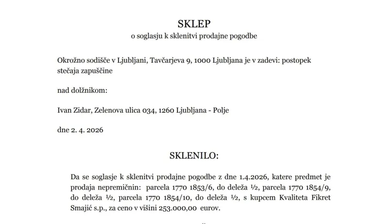 zidar, dražba, sklep sodi&scaron;ča, Ajpes