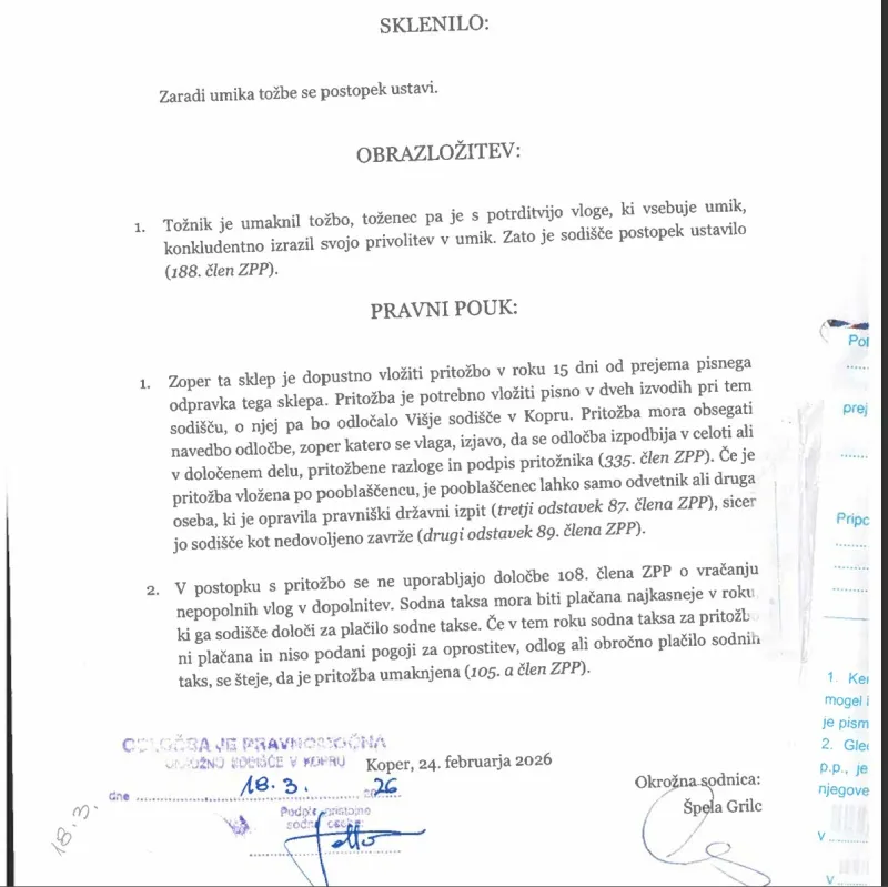 sdh-bonifika, umik tožbe
