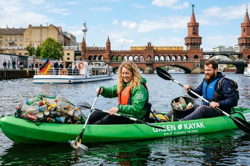 Po zgledu projekta &raquo;Green Kayak&laquo; naj bi obiskovalci lahko brezplačno uporabljali kajake in med plovbo zbirali odpadke iz vode. Foto: Ustvarjeno z umetno inteligenco
