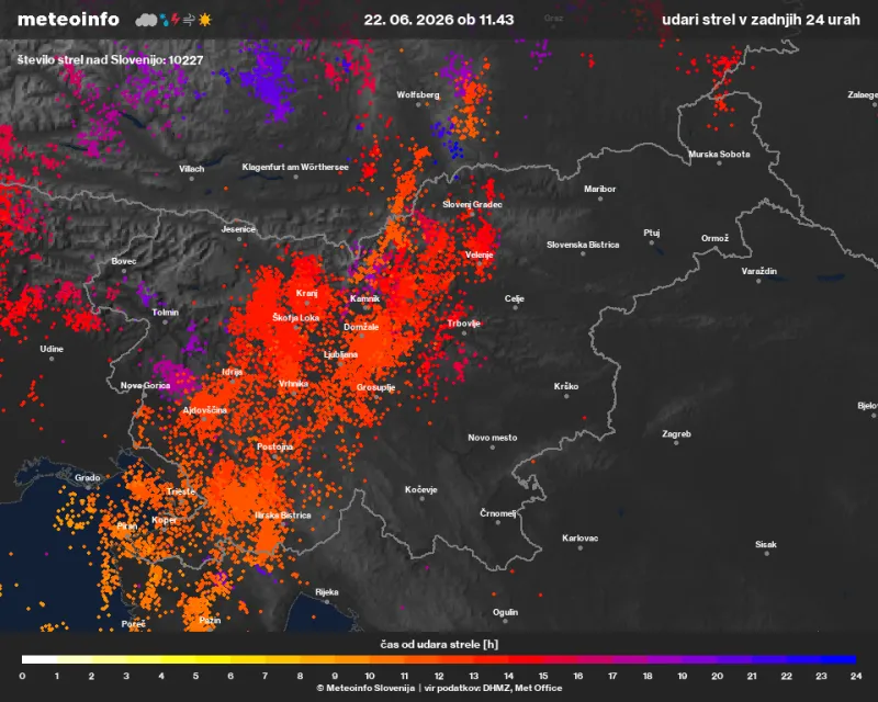 Udari strel nad območjem Slovenije zadnjih 24 ur Foto: Meteoinfo Slovenija