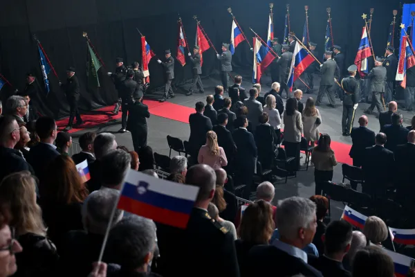 Slovenija, Tržič, 25.04.2025, 25. april.2025 Državna proslava ob dnevu upora proti okupatorju, politika, Ur&scaron;ka Klakočar Župančič, Nata&scaron;a Pirc Musar, Asta Vrečko, Matjaž Han, Jože Pepevnik, Bo&scaron;tjan Poklukar, Milan Kučan, Marko Lotrič, Vinko Logaj, Prapor&scaron;čaki, Boris Prebilič Foto: Žiga Živulovič jr./F.A.Bobo
