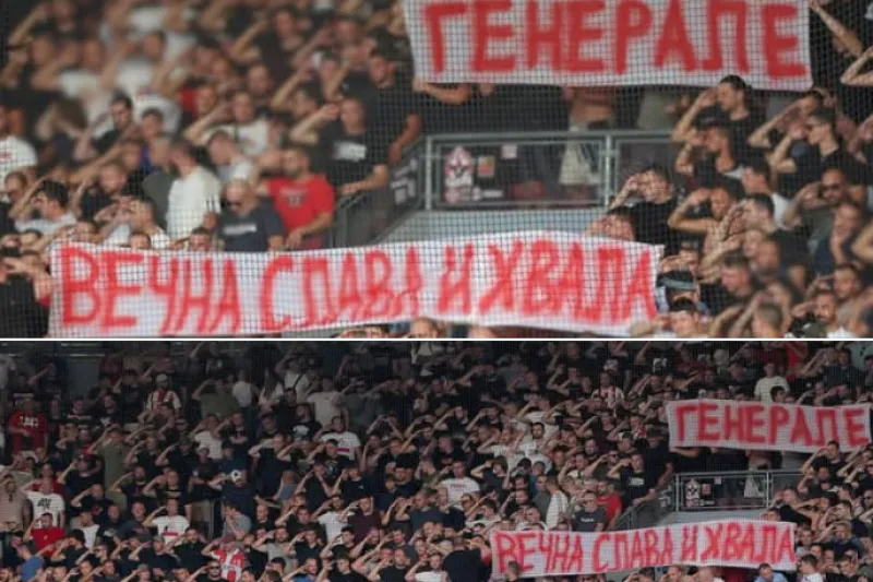 Zaradi napisov na plakatih (General, večna slava in hvala) in poveličevanja generala Mladića, je UEFA uvedla disciplinski postopek zoper FK Crvena zvezda. Foto: Facebook FK Crvena zvezda 