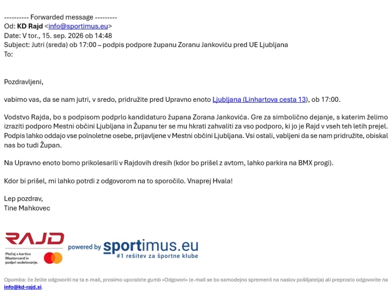 Elektronsko sporočilo, ki je dvignilo pritisk mnogim star&scaron;em otrok, ki so člani KD Rajd. Foto: Uredni&scaron;tvo