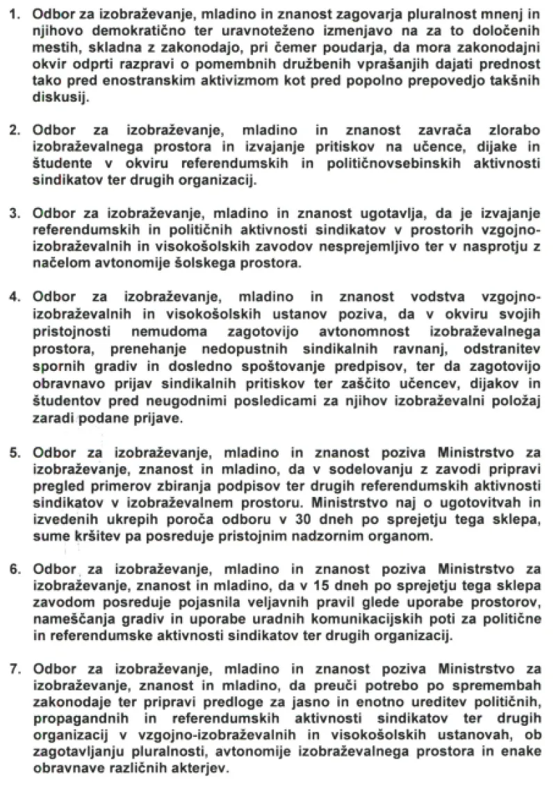 Predlogi sklepov na seji odbora za izobraževanje.