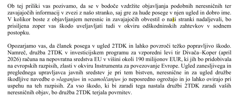 Izsek iz dopisa odvetni&scaron;ke družbe Grčar. Foto: posnetek zaslona